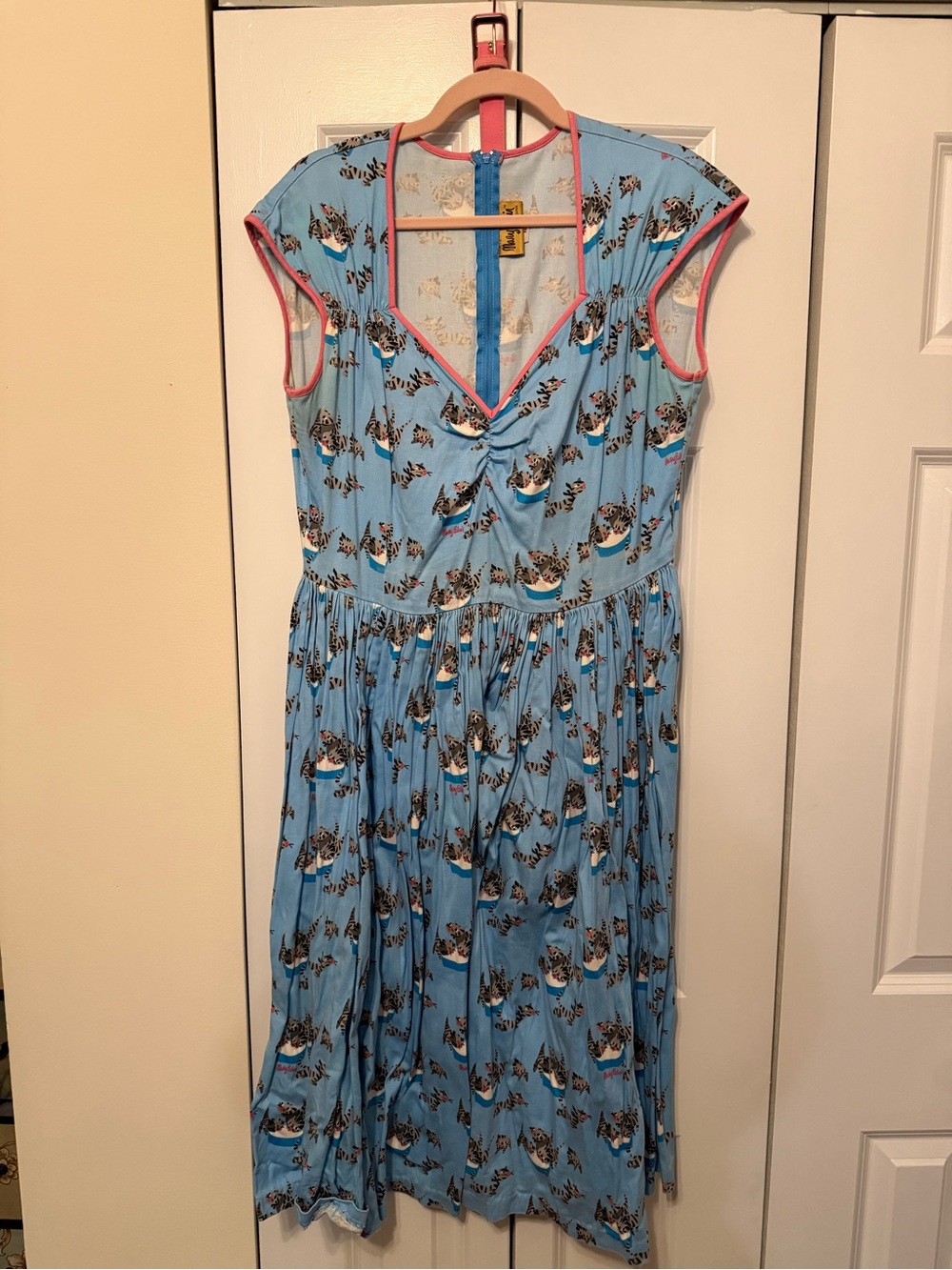 Light Blue Mary Blair Cats Print Cap-Sleeve Midi Dress